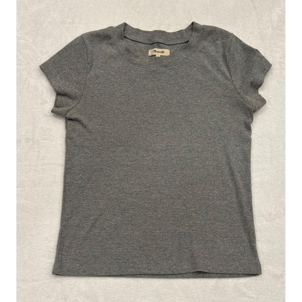 Madewell Womens Ribbed Short Sleeve Crewneck Top Heather Gray Small Cotton Blend
